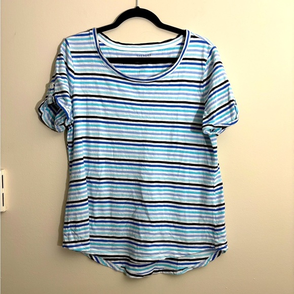 Talbots 100% Cotton T Shirt‎ White Navy Light Blue Nautical Stripe Size L - Picture 1 of 7